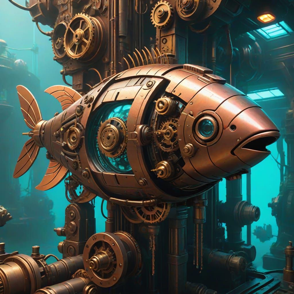 Steampunk Coral Reef Scene with Mechanical Fish
