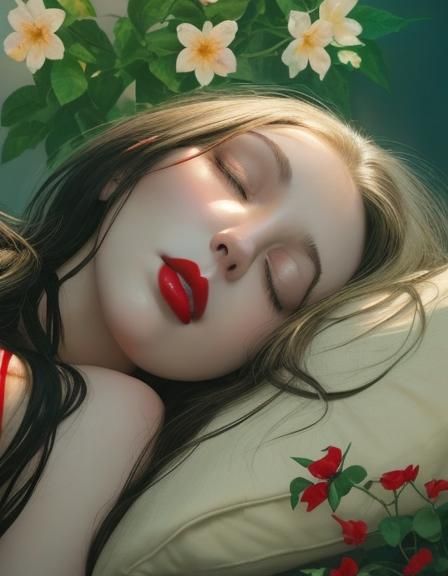 Sleeping Beauty with Dark Hair and Red Lips