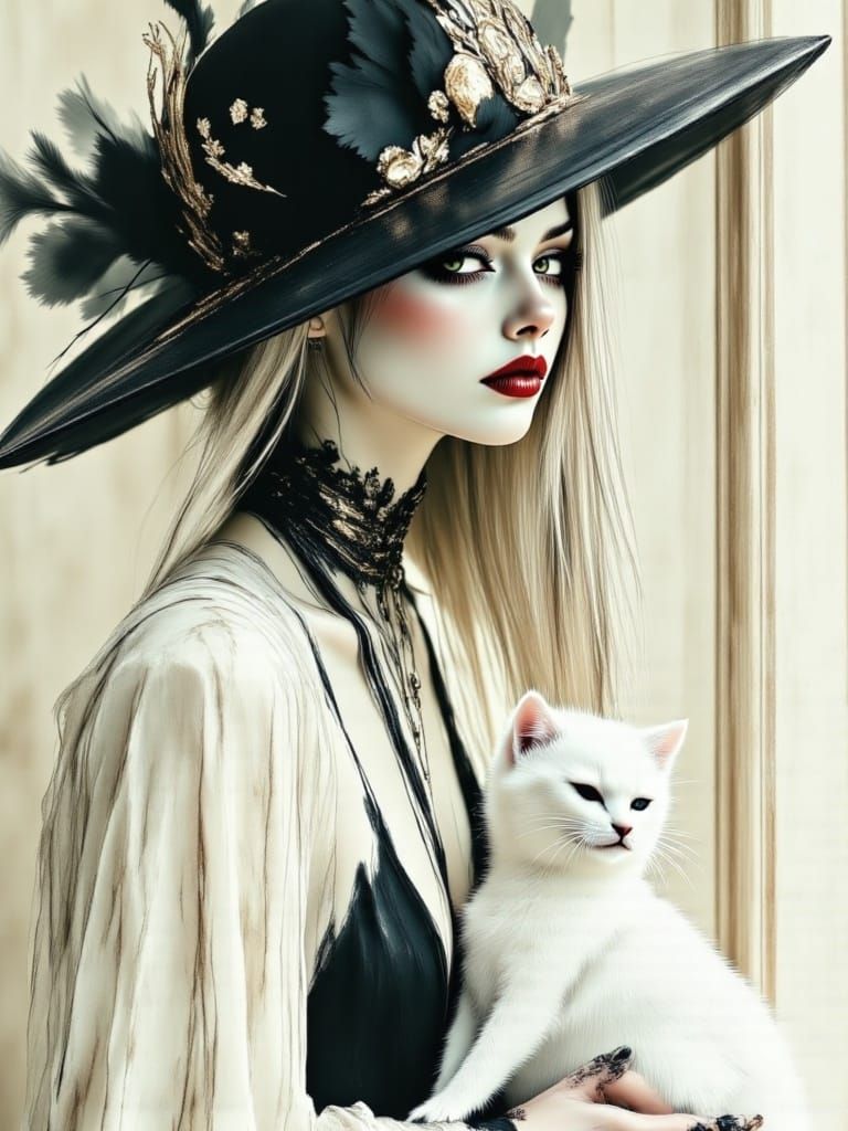 Elderly Woman in Chinese Hat Holding Dog, Gothic Whimsical S...