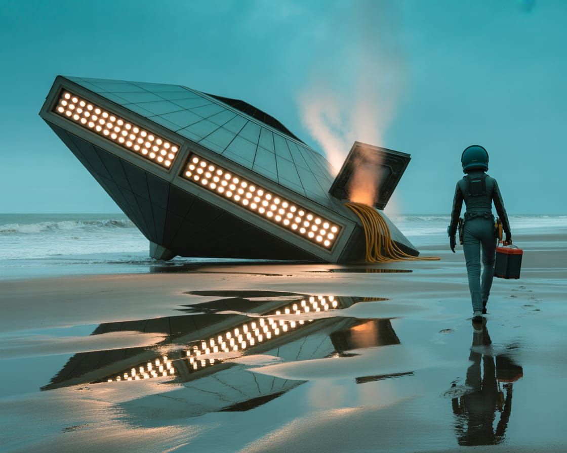 Hexagonal Alien Spacecraft Crash Landing on Beach