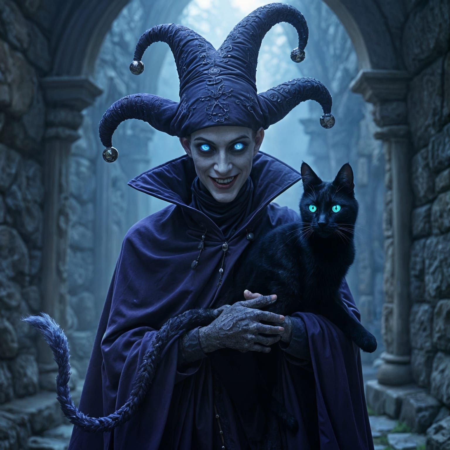 Sinister Jester and Magical Cat in Dark Fantasy Style