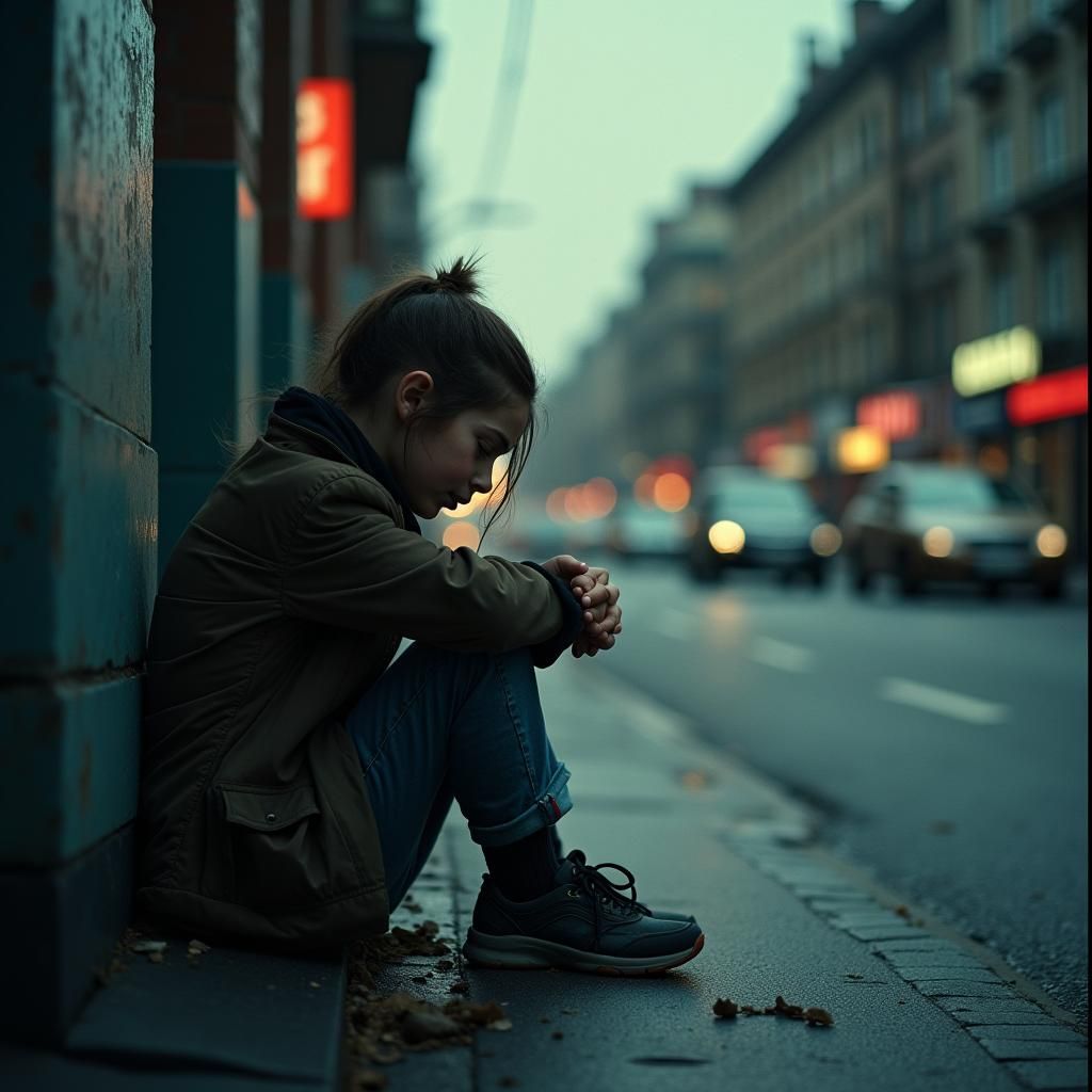 Dramatic Film Still of Homeless Girl Crying