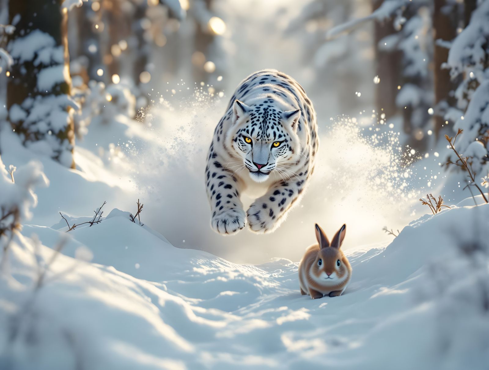 Snow Leopard Chases Rabbit Through Cinematic Winter Landscap...