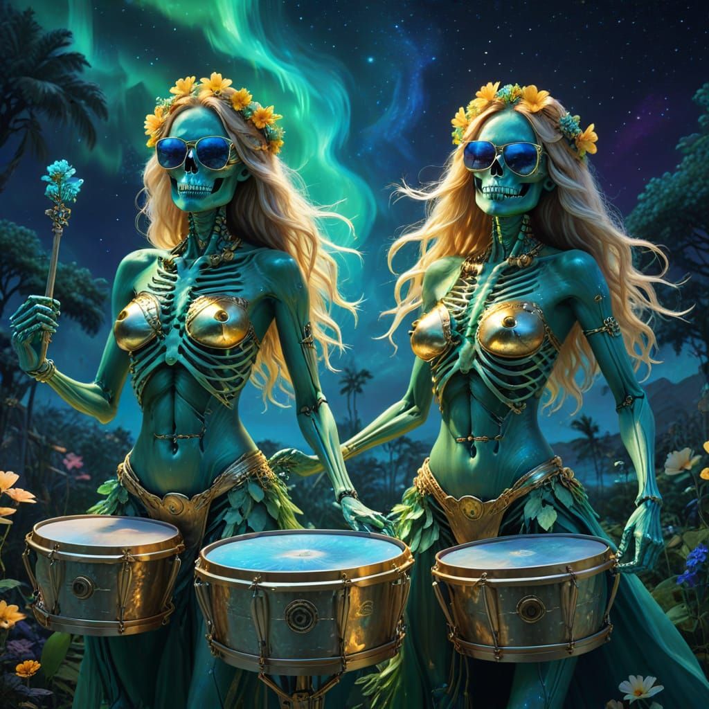 Cosmic Hula Dancers in Vibrant Aurora