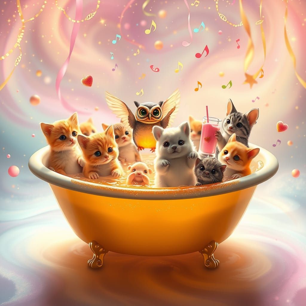 Whimsical Celebration Isle with Baby Animals in a Golden Dre...