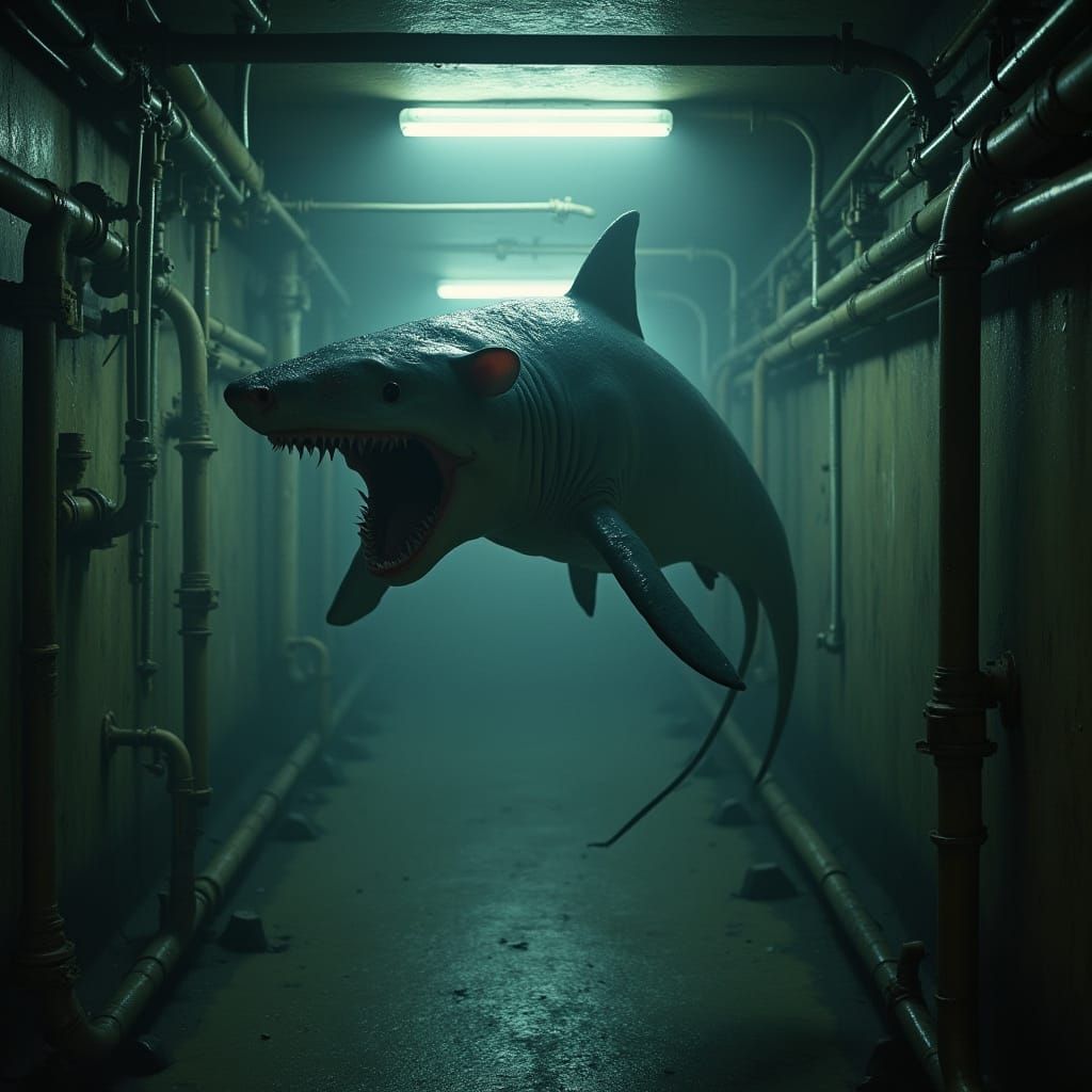 Shark-Rat Hybrid Swimming in Sewers, Industrial Style