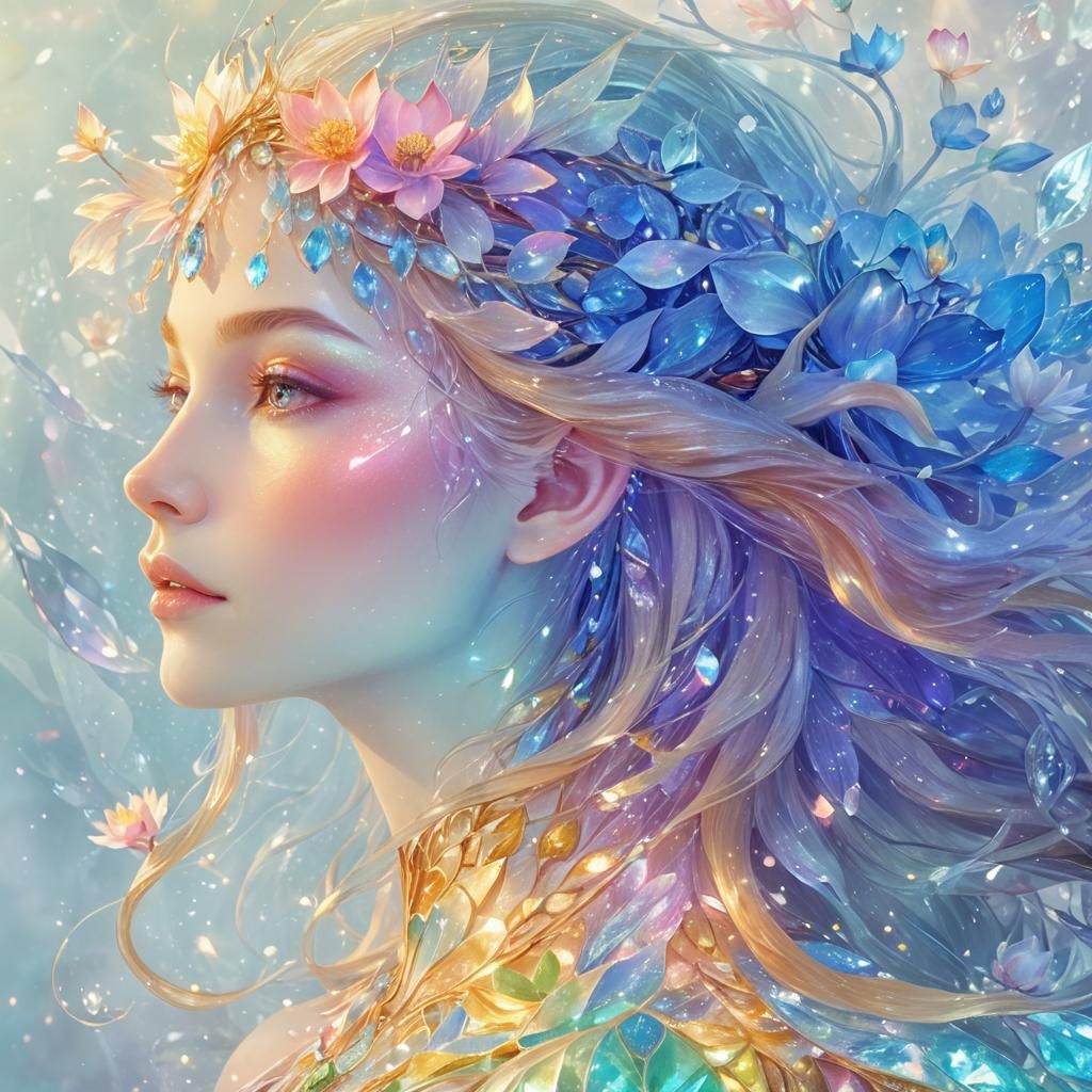Elven Goddess Portrait with Lotus Flowers in Digital Art