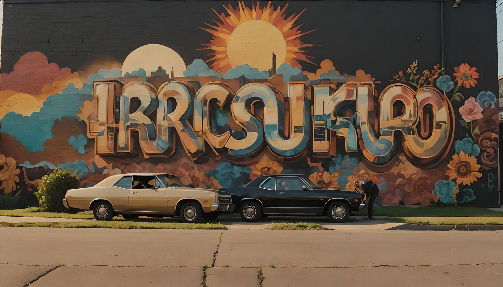 Black Car Parked Before Mural in 70s Style