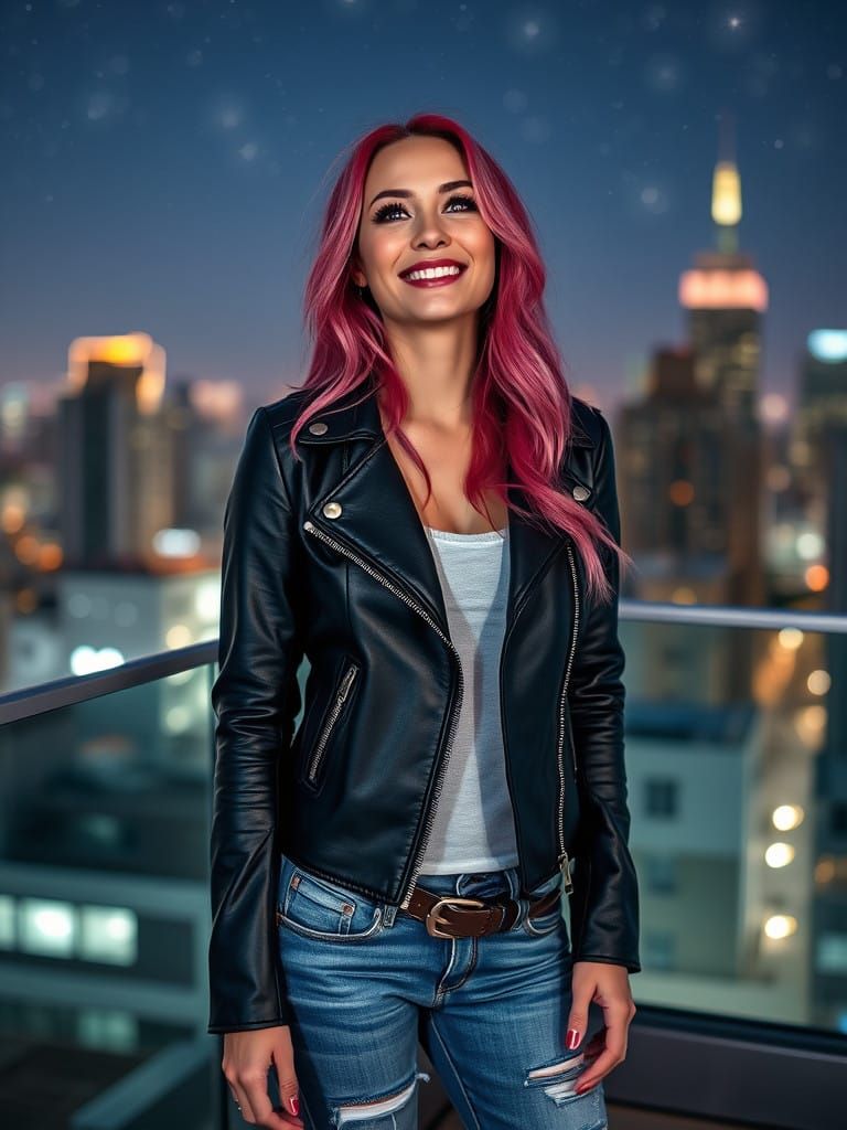 Pink Haired Woman Stares Up at the City Sky