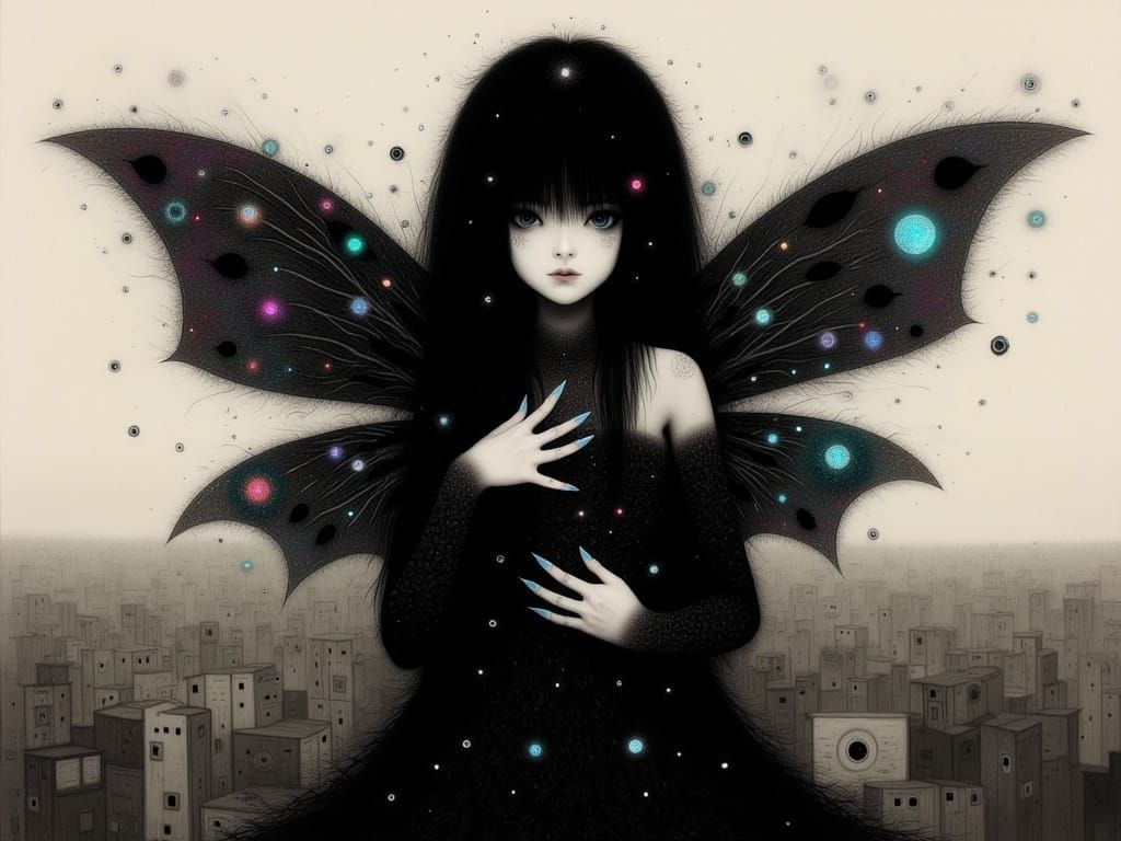 Ethereal Victorian Goth Pixie Amidst Celestial Hues