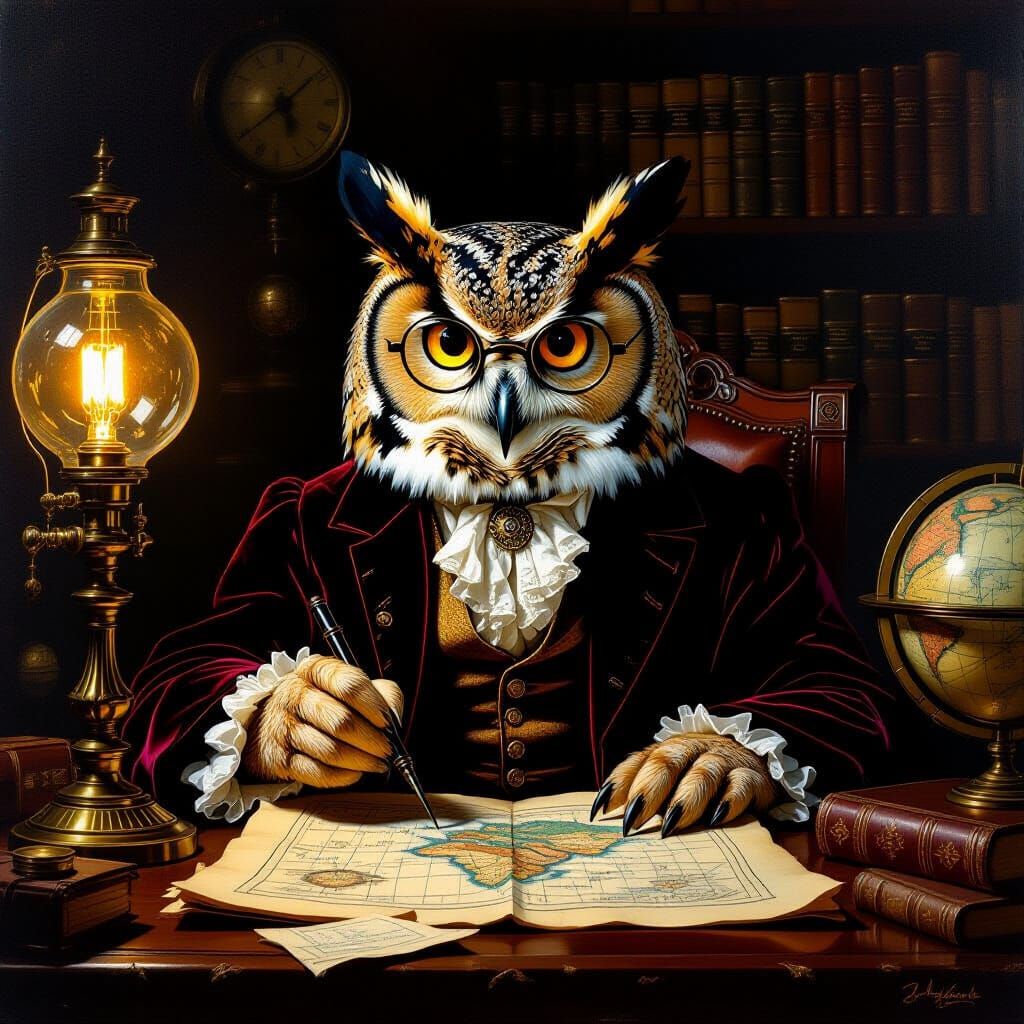 Victorian Owl Cartographer in Rembrandt Style