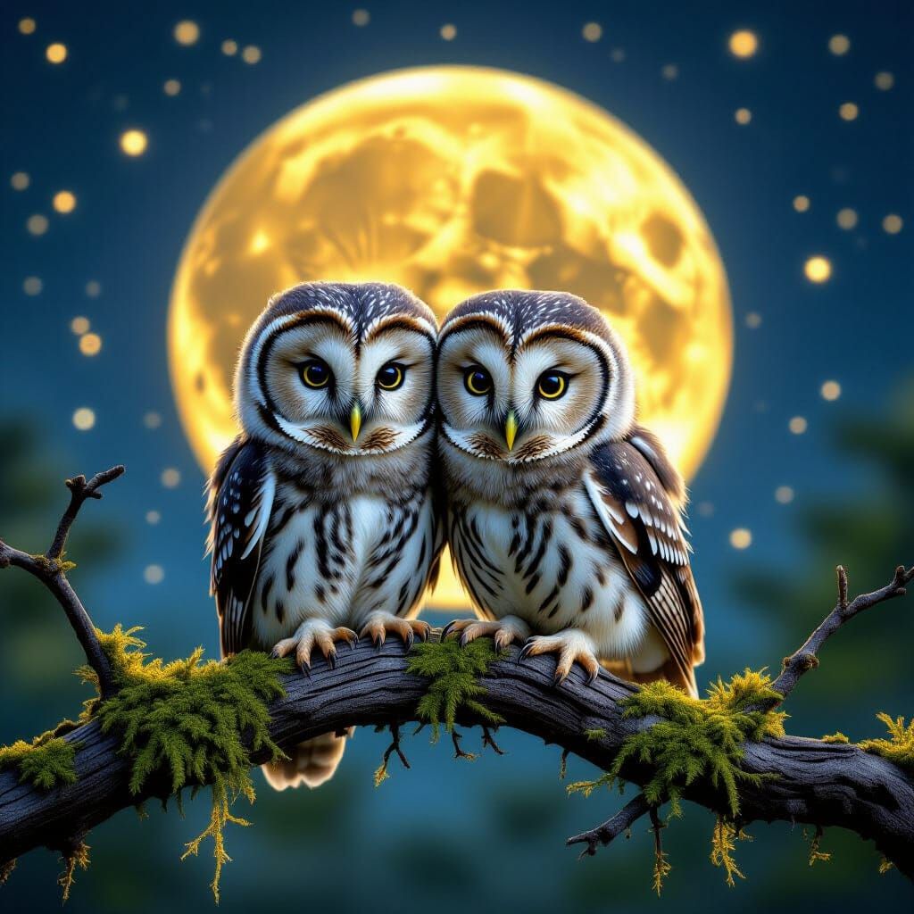 Baby Owls on Mossy Branch Under Starlight
