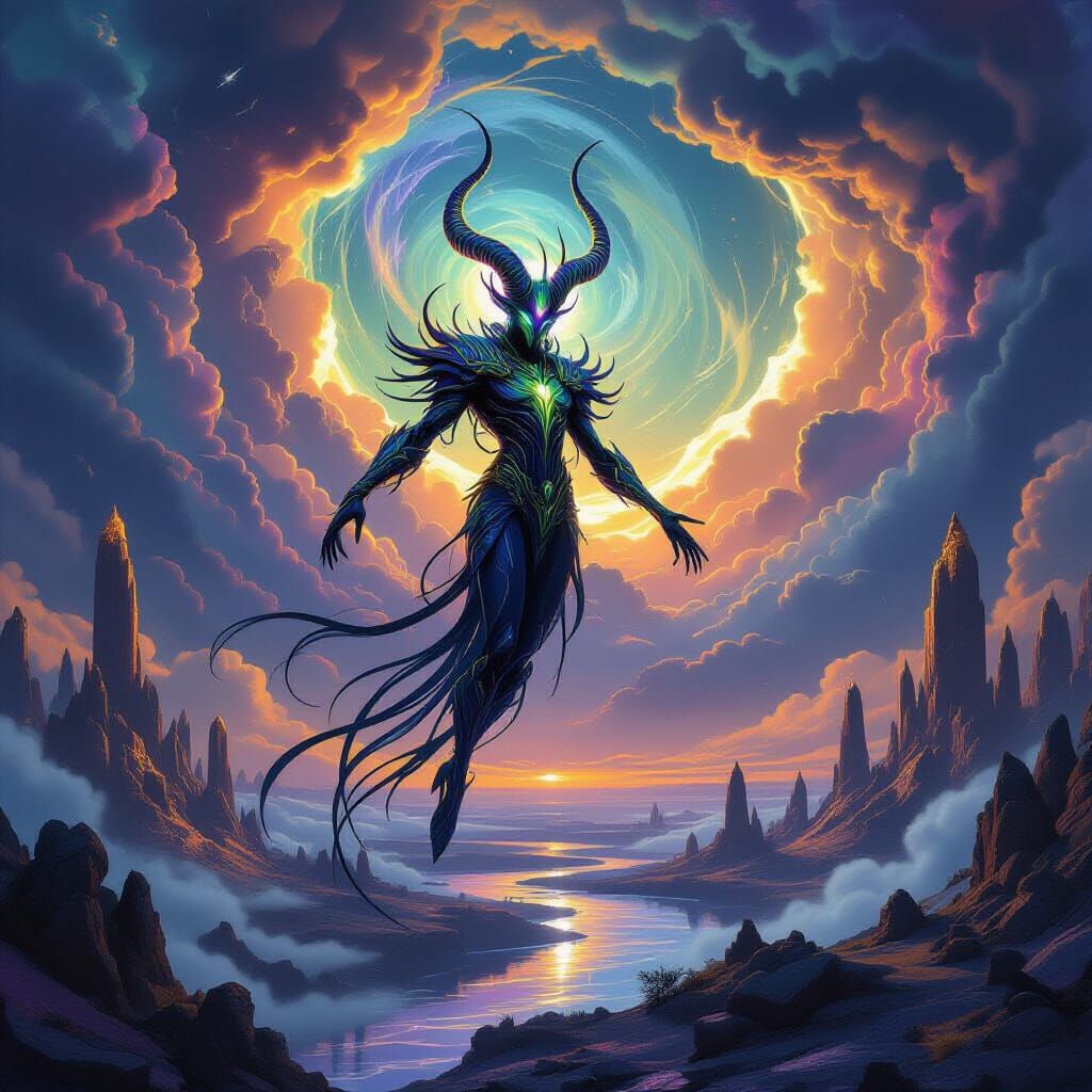 Iridescent Wire Creature Over Alien Landscape