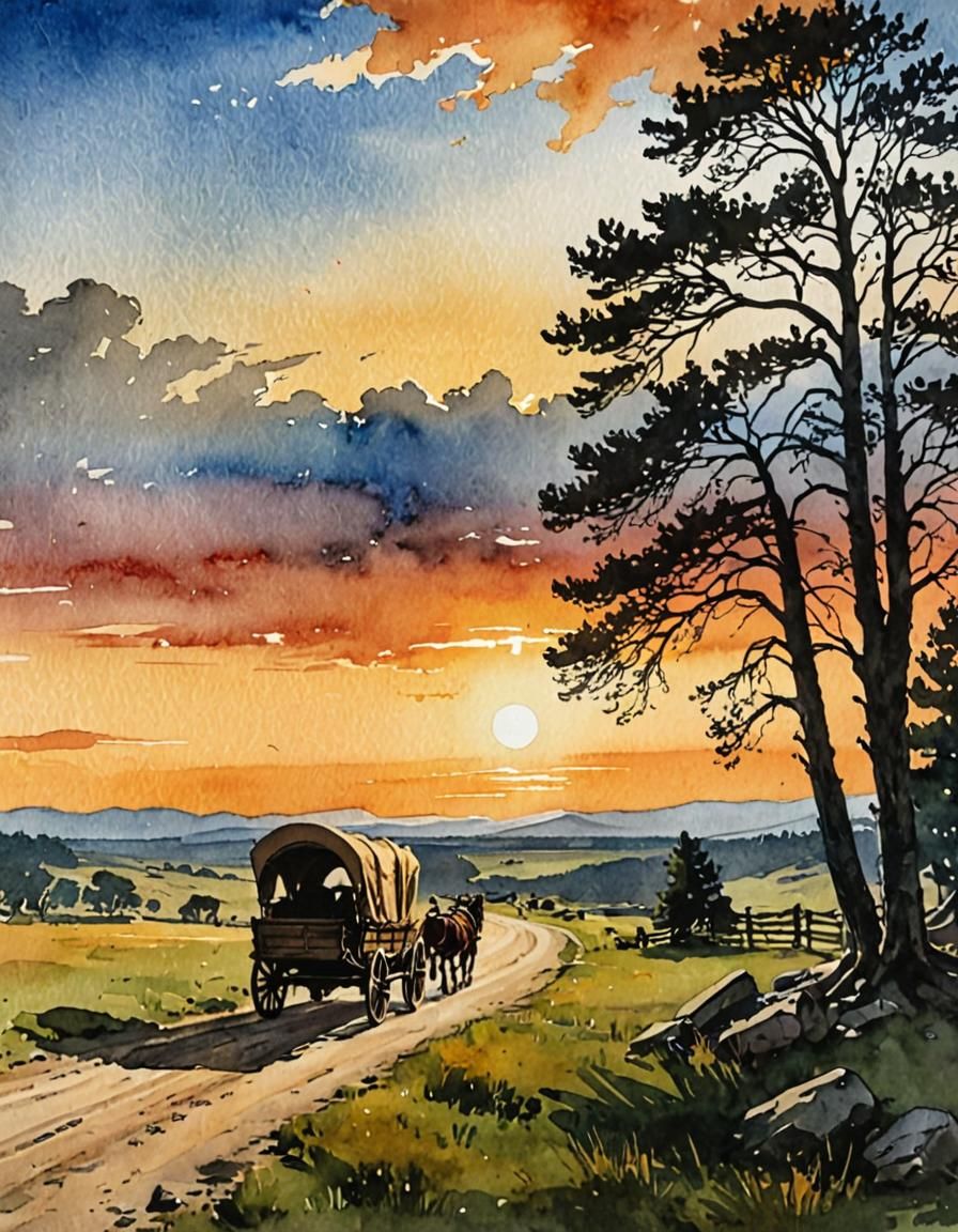 Oregon Trail Sunset in Watercolor Style