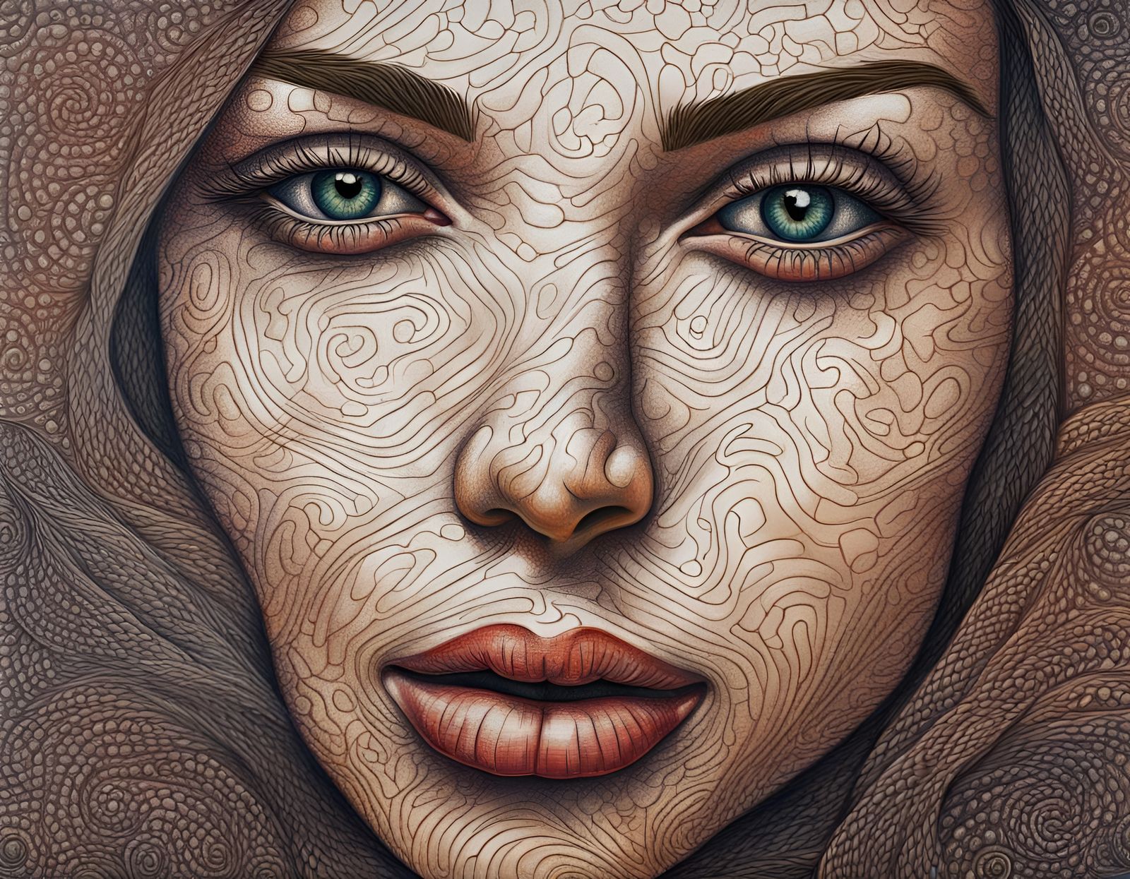 Detailed Portrait of Woman with Spiral Pattern