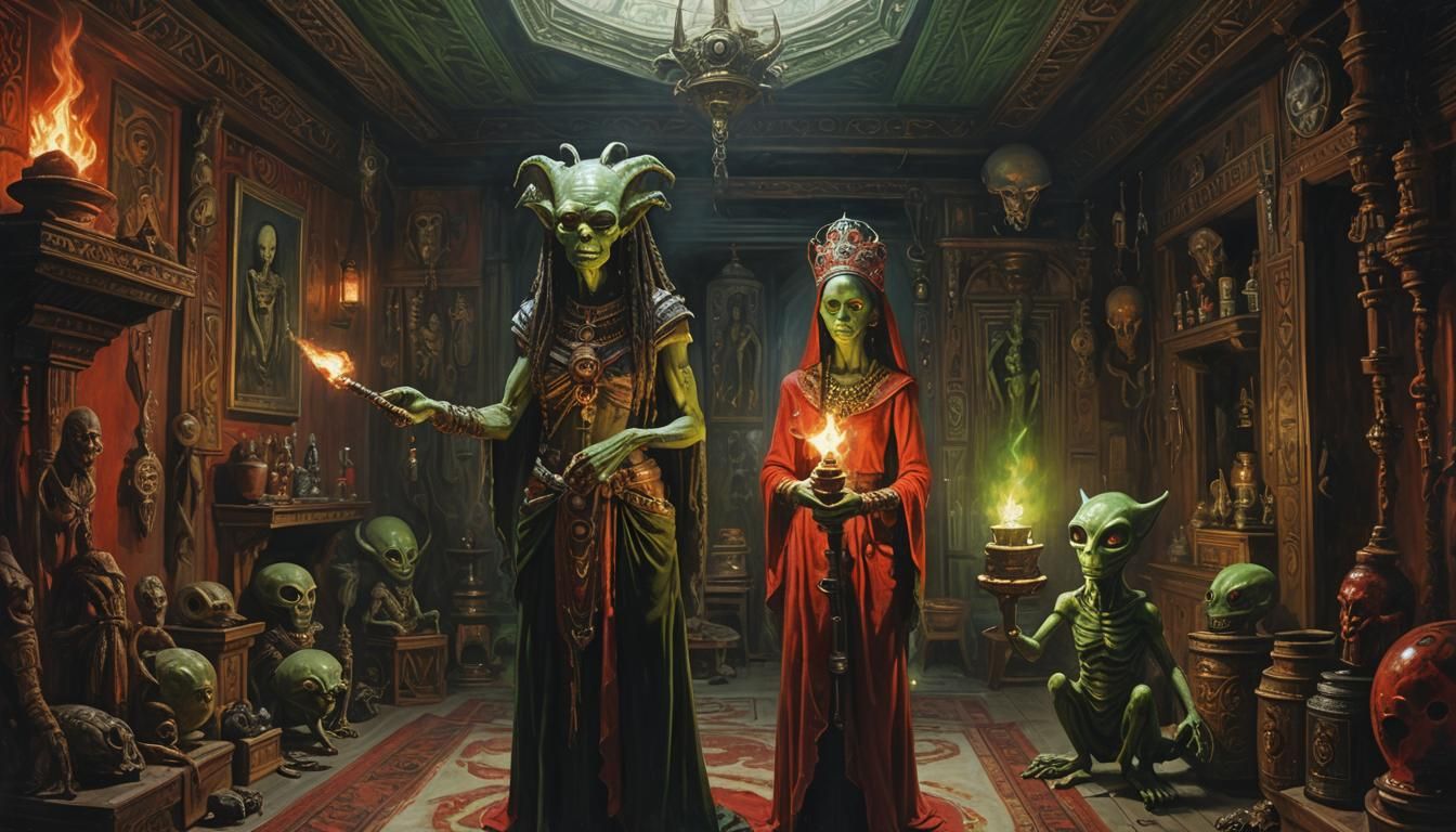 Alien Voodoo Priestess in Dimly Lit Chamber