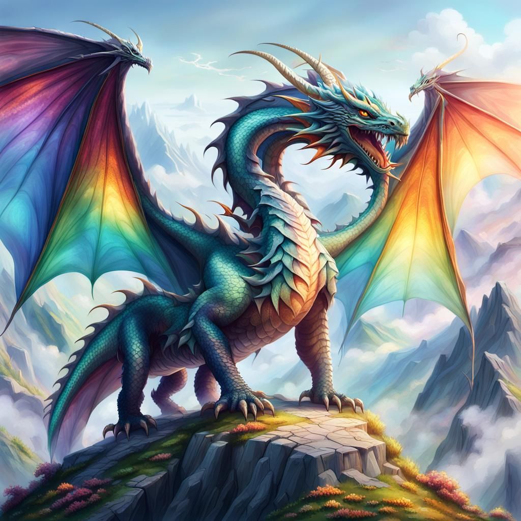 Iridescent Dragon on Misty Peak in Watercolor Style