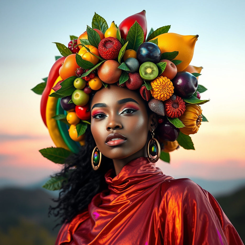 Exotic Fruit Hat on Vibrant Woman, Digital Art