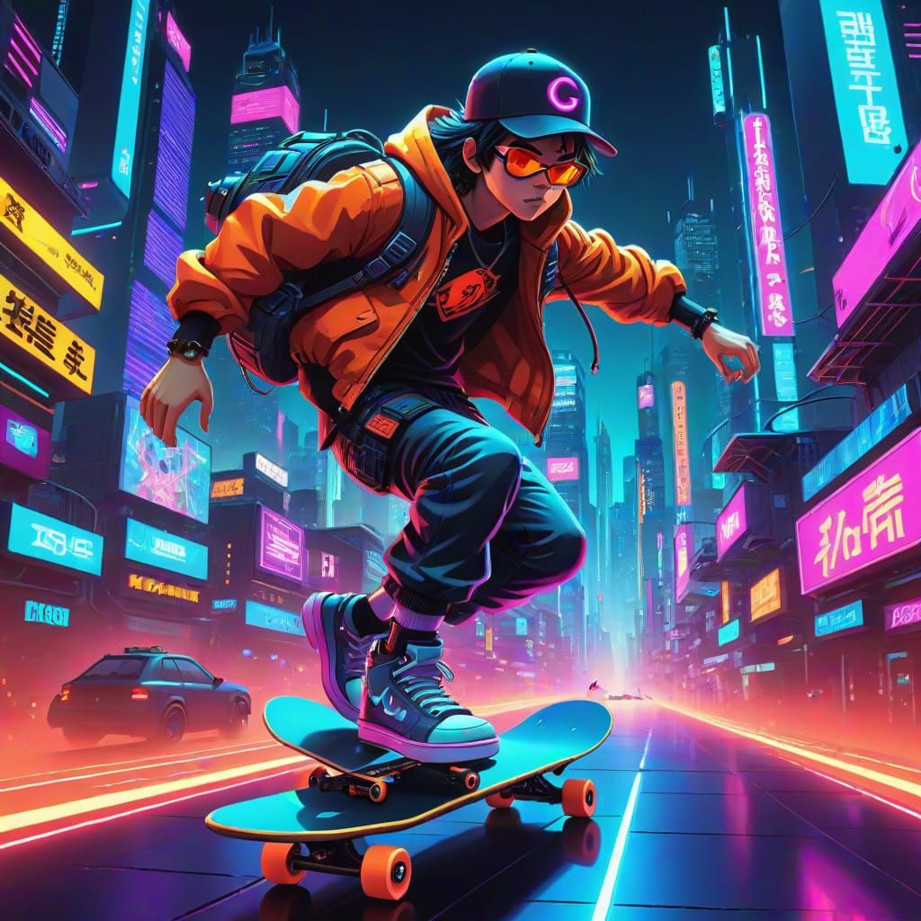 Cartoon Hacker in Neon Cyberpunk City