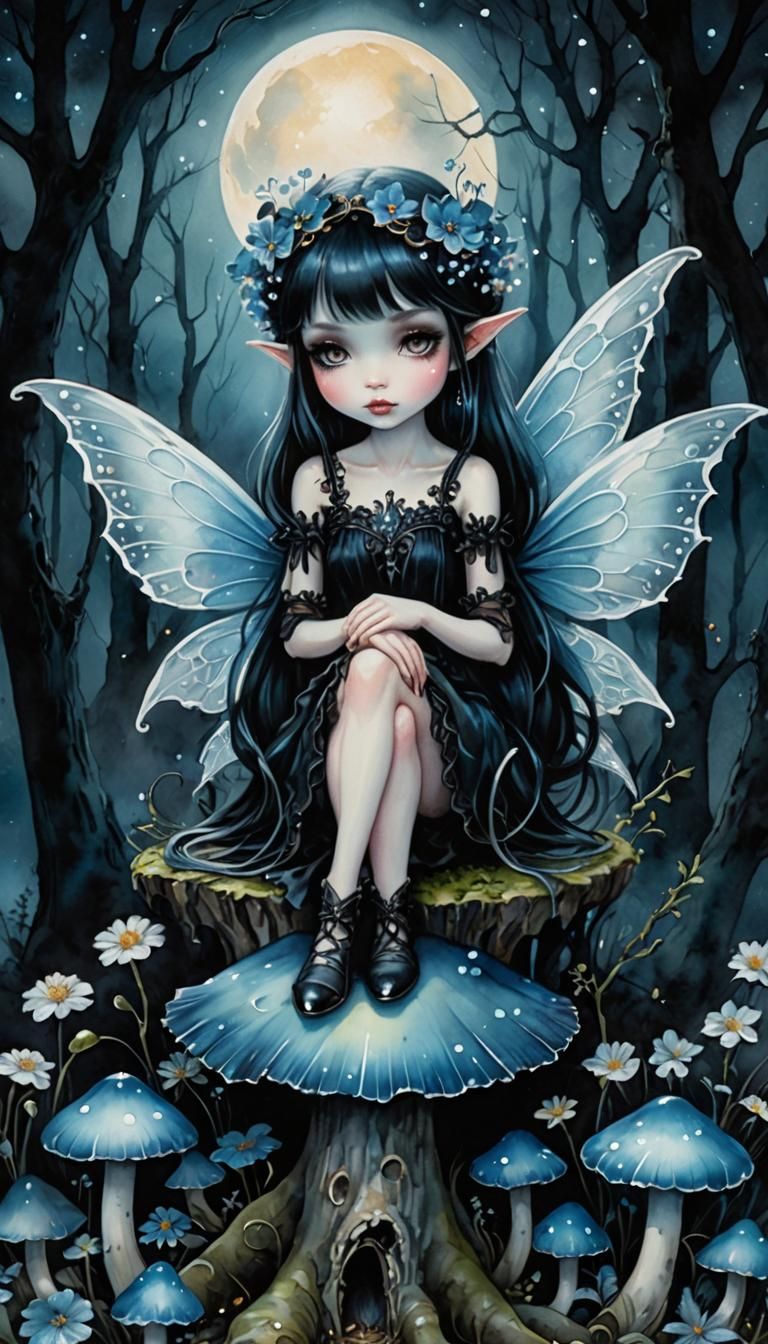 Dark Gothic Fairy in Mystical Watercolor Painting