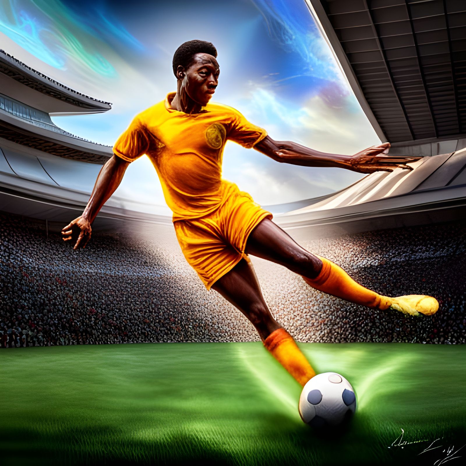 Hyperrealistic Splash Art of Pele Kicking Soccer Ball