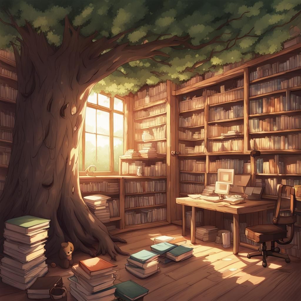 Cozy Lo-Fi Library Interior in Anime Style