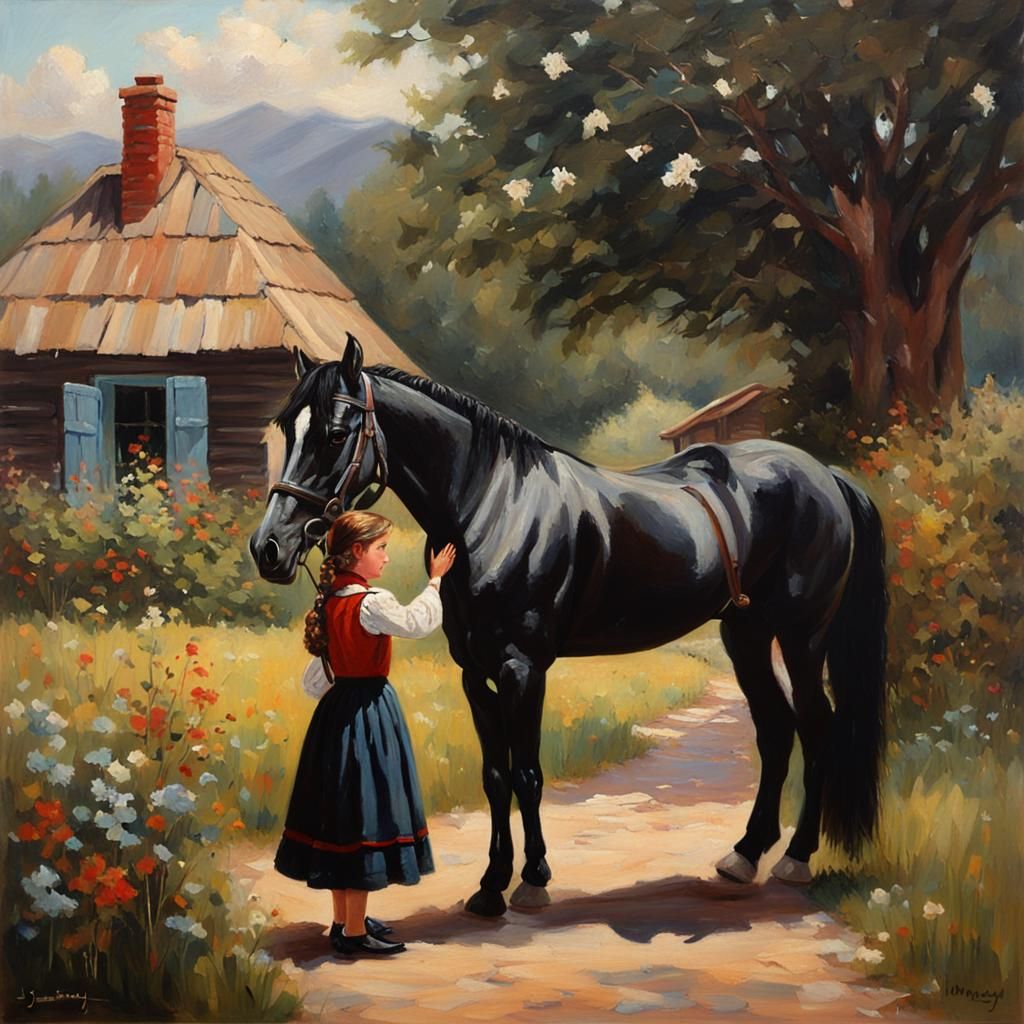 Black Horse and Girl by Cottage, Oil Painting