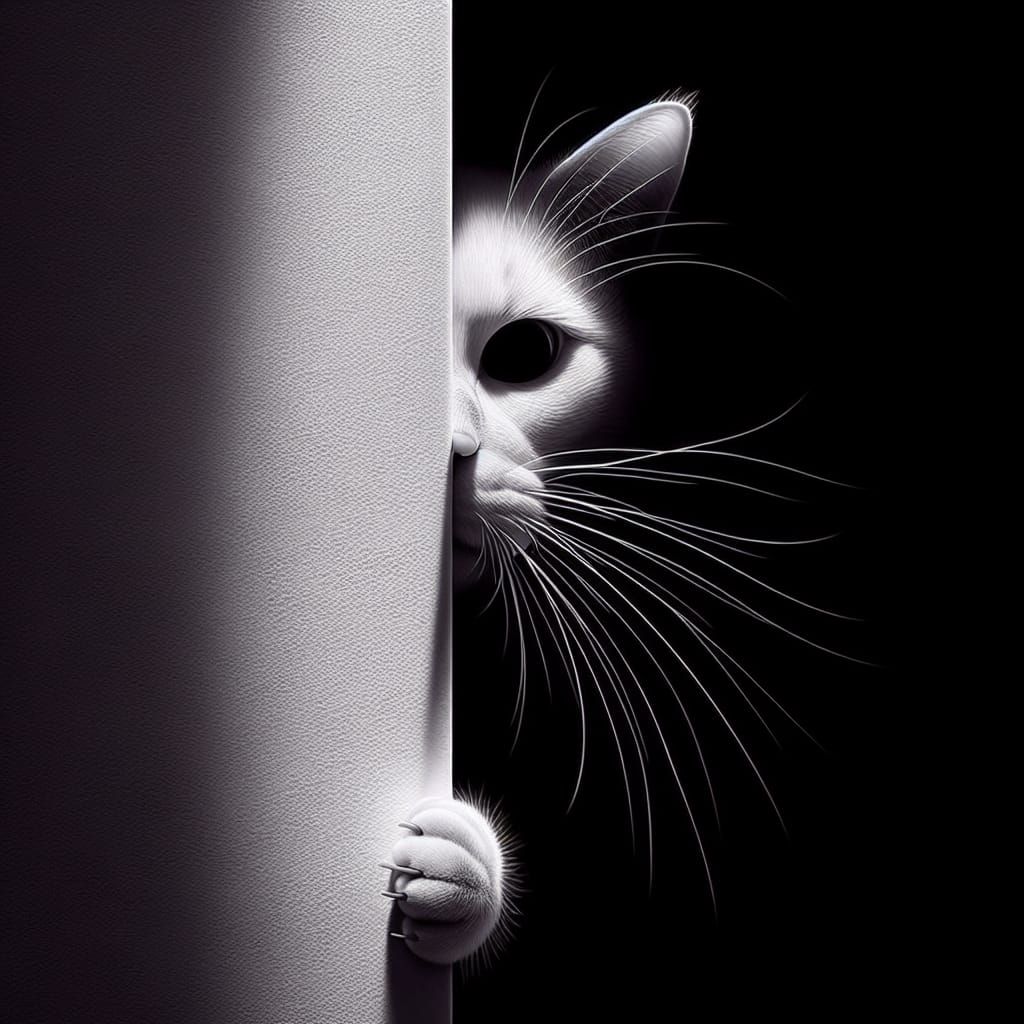 Hyperrealistic Cat Peeking From Behind White Wall