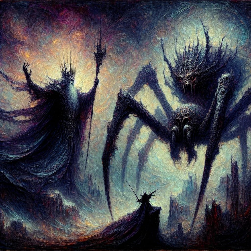 "Create an epic battle scene between Melkor, the Dark Lord o...