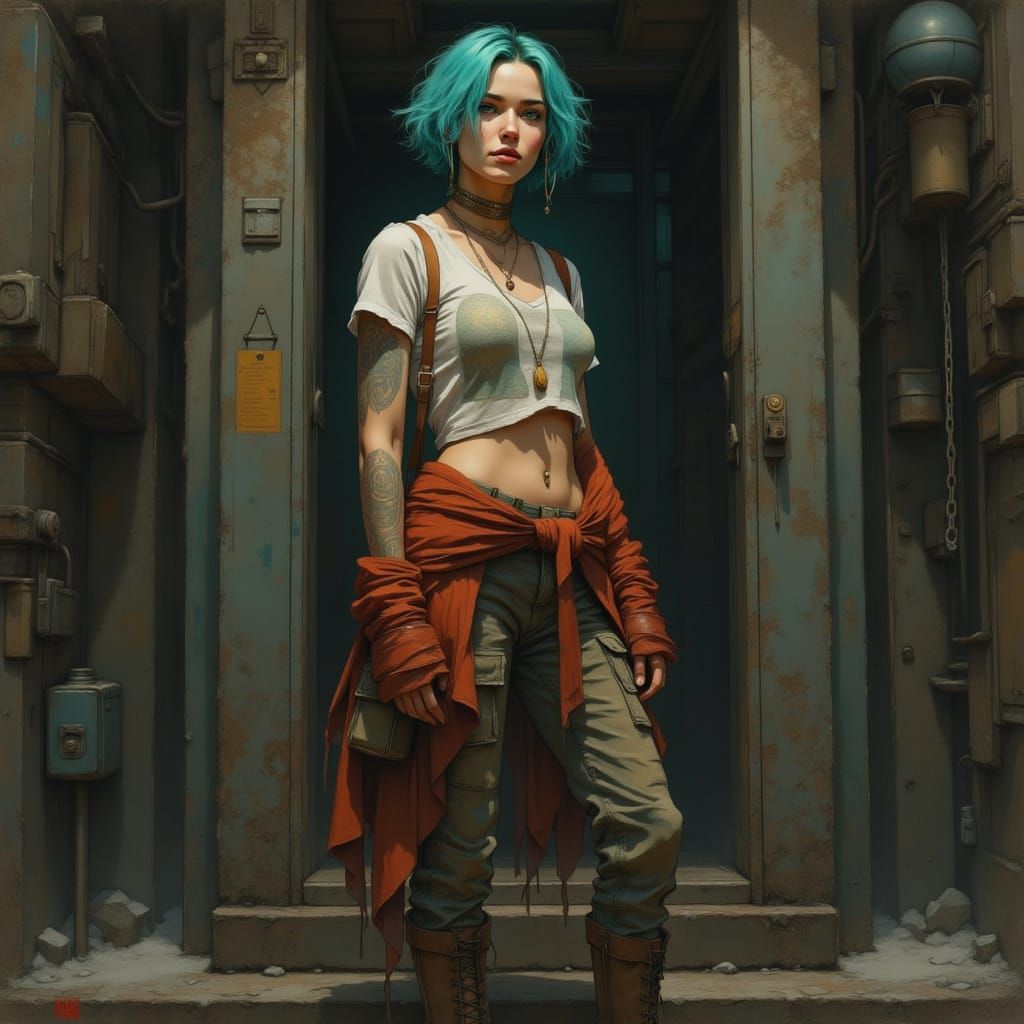 Rebellious Teal-Haired Woman in Dystopian Cityscape