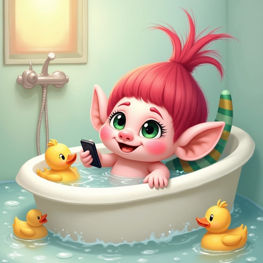 A pale pink troll super cute, looking like a teletubby, with...