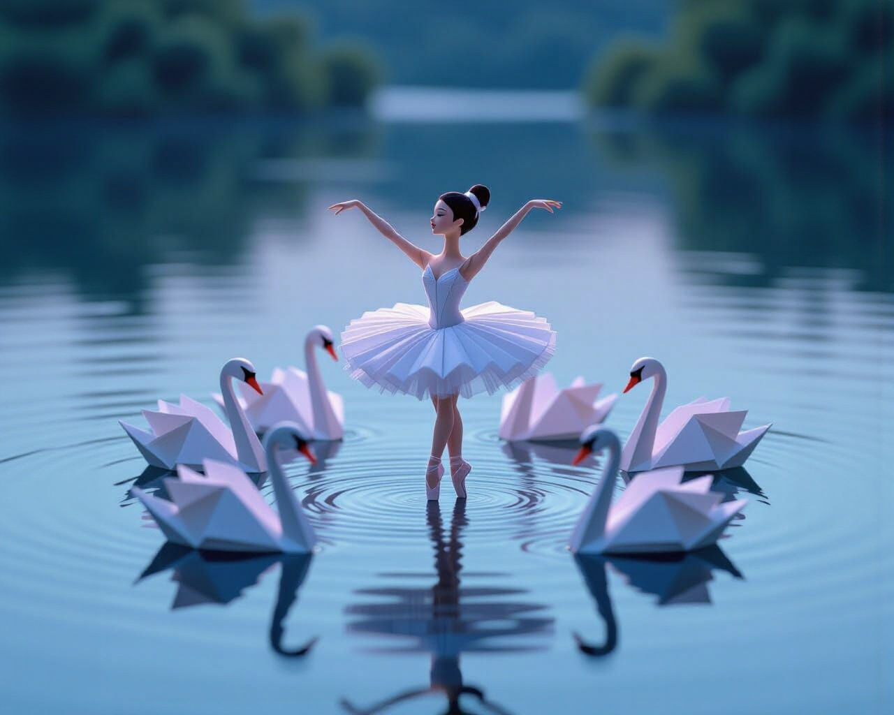 Miniature Origami Ballet Dancer on Lake