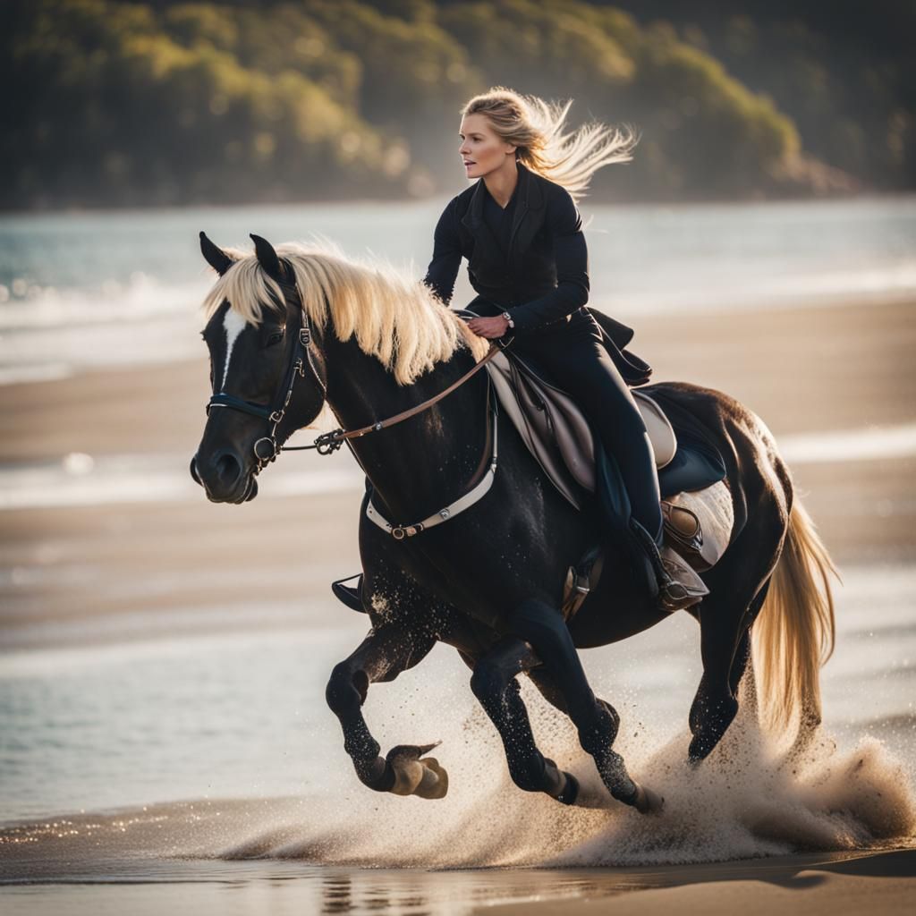 Blonde Woman Rides Black Horse on Beach