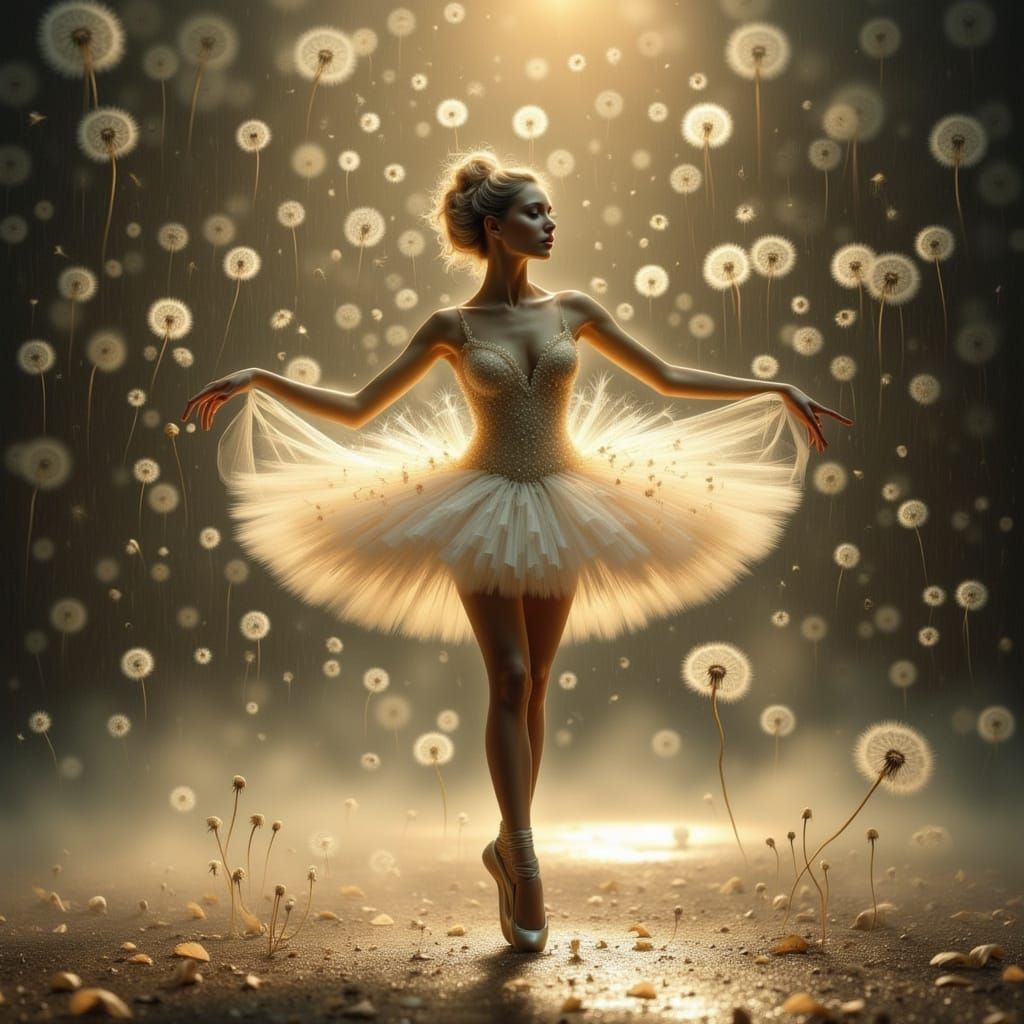 Ballerina in Dandelion Seed Tutu, Ethereal Golden Light