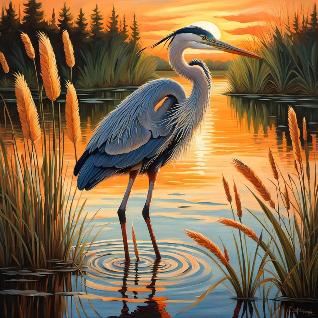 Blue Heron Sunset Oil Painting in Remington Style