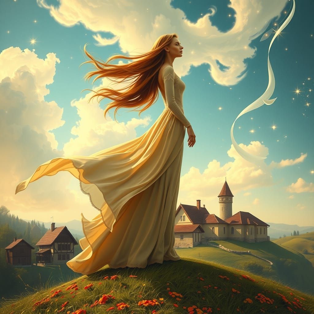 Romanian Woman in Flowing Dress on Windswept Hill