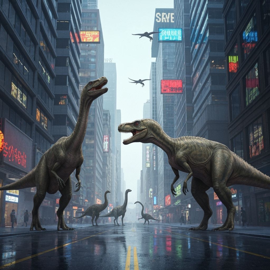 Dinosaurs Roam a Cyberpunk Cityscape