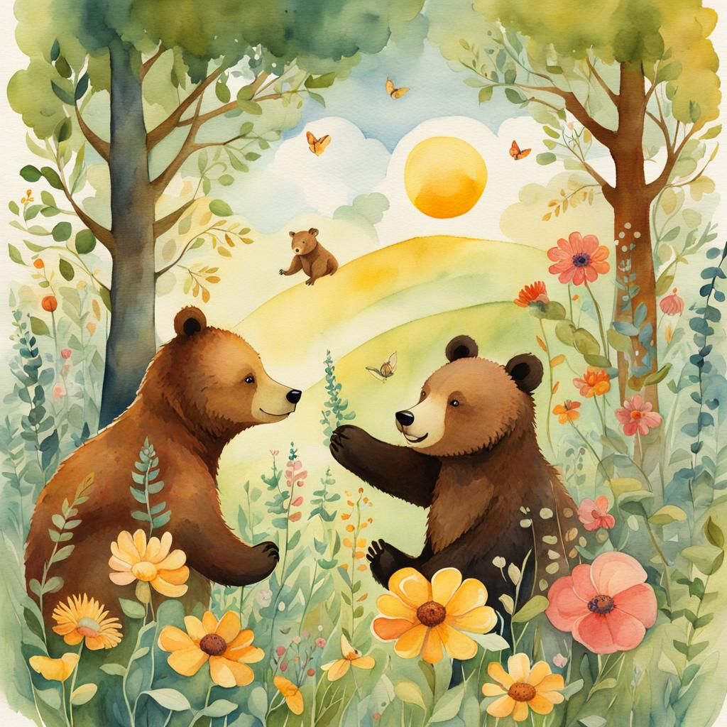 Bear Cub and Friends Playing in Meadow, Watercolor Style