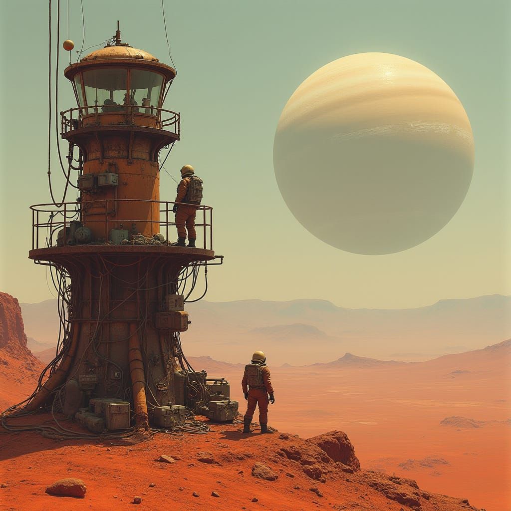 Astronauts on Rusty Lighthouse, Red Clay Planet, Under Satur...