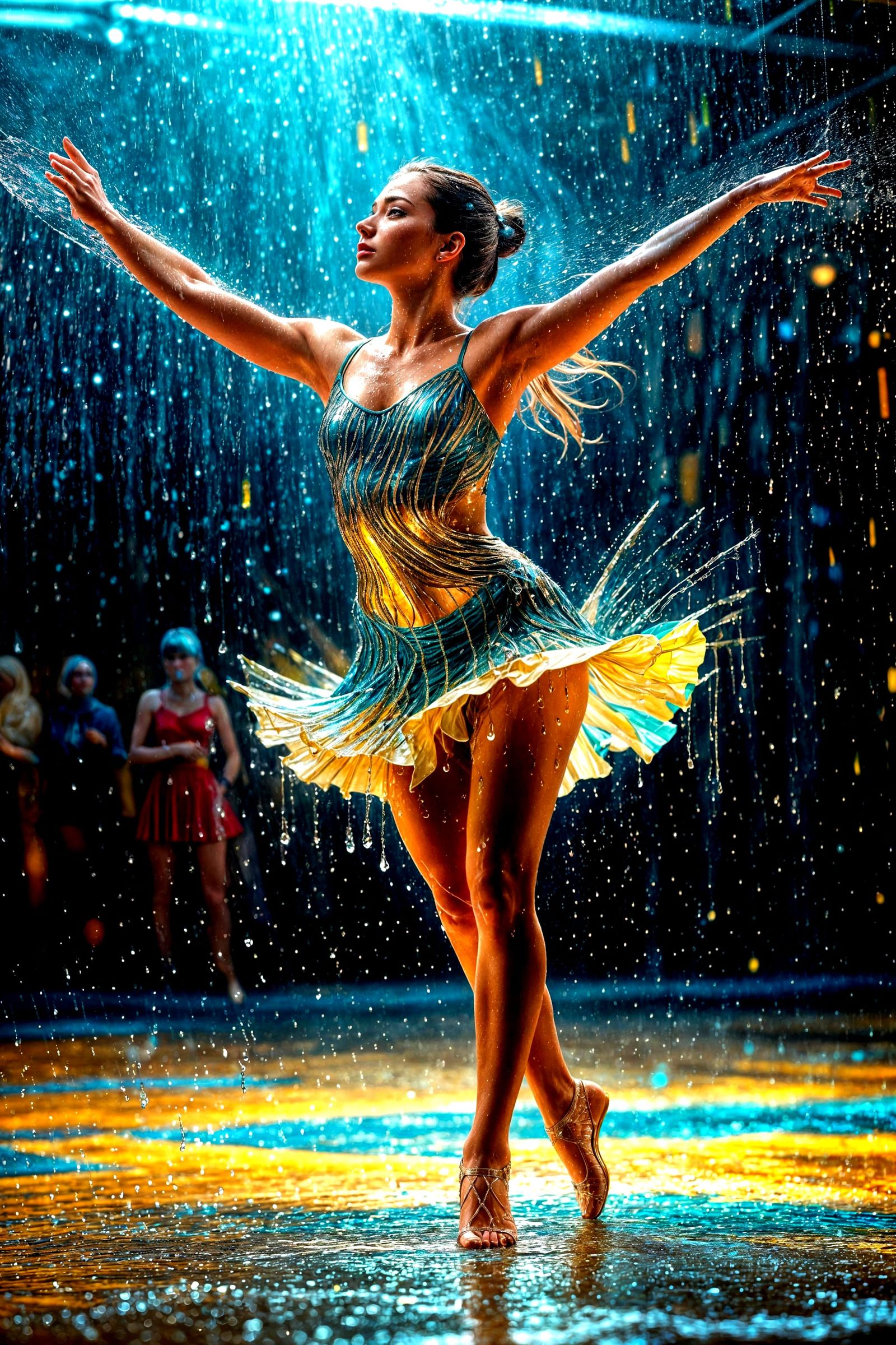 Dancer on Raindrop Stage: Hyperrealistic Splash Art