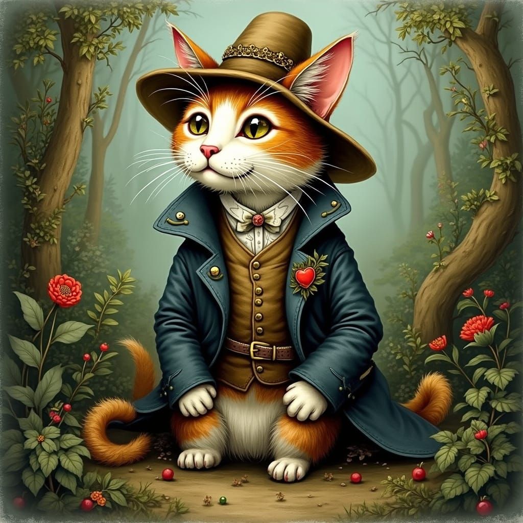 Anthropomorphic Cat standing upright, Arthur Rackham