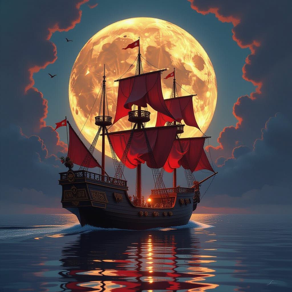 Galleon with Red Sails Under Harvest Moon