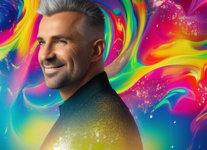 Silver Fox Portrait with Abstract Paint Splashes