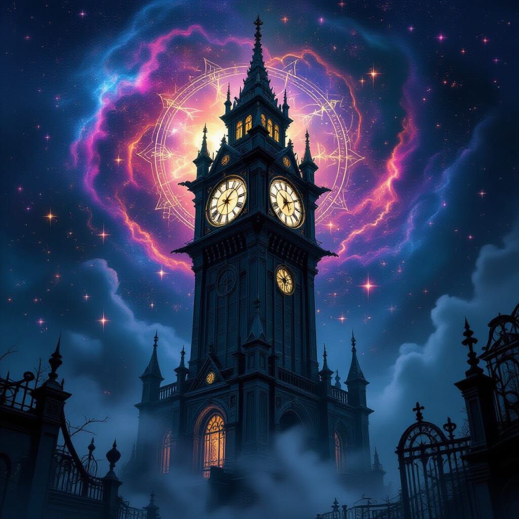 Gothic Clock Tower in a Swirling Nebula