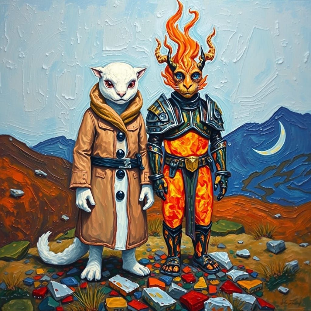 Snow and Lava Creatures in Neo-Impressionist Style