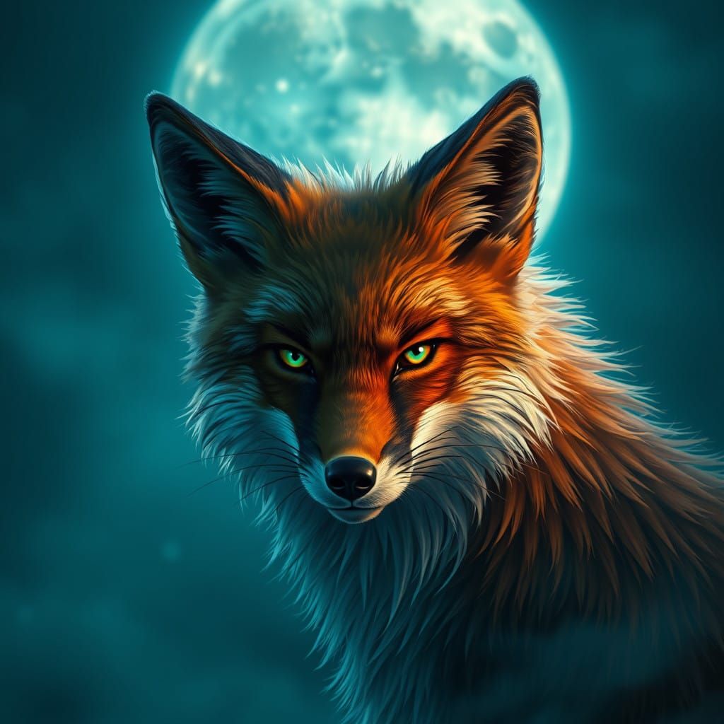 Mystical Fox Under Midnight Moonlight in Fantasy Art Style
