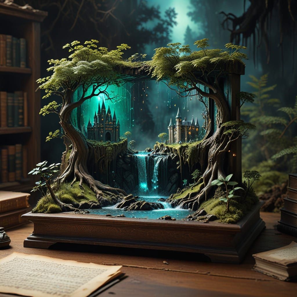 Elven Forest Diorama with Waterfall and Luminescent Glow