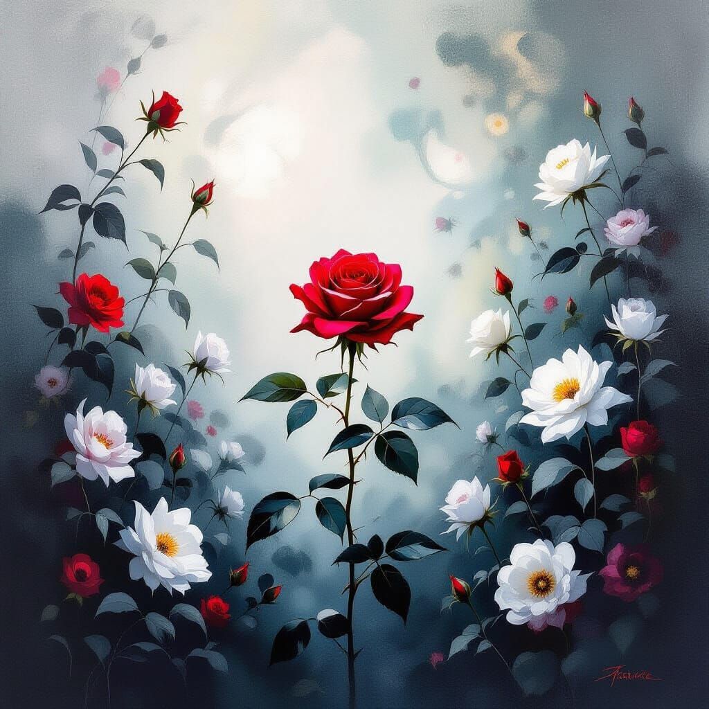 Ethereal Garden with Single Red Rose in Color