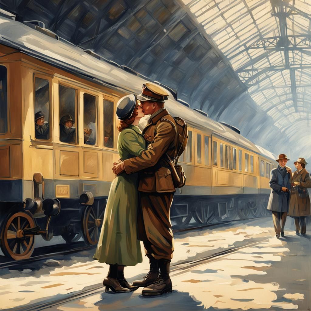 WWI Soldier's Farewell Kiss at Train Station