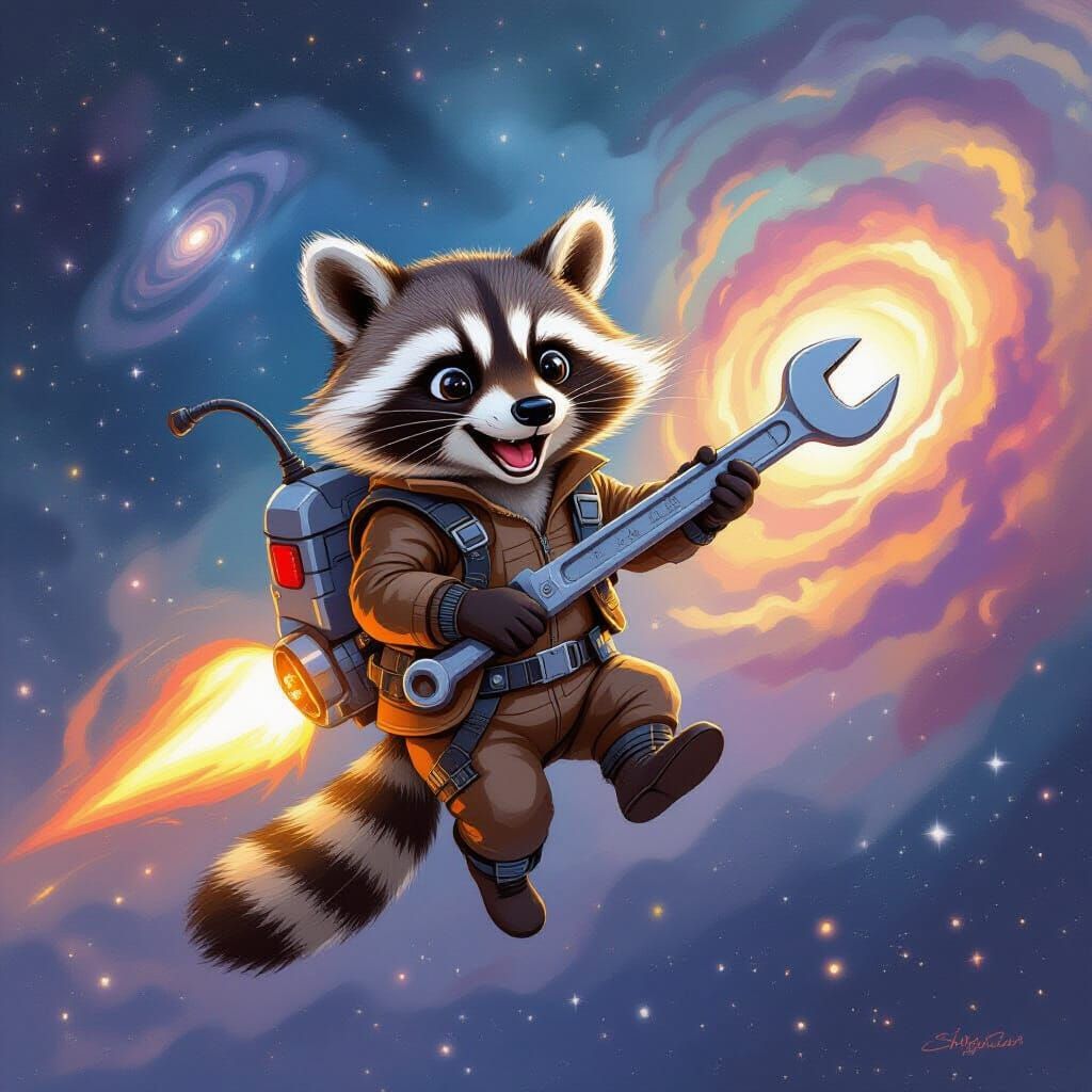 Raccoon Soars Through Nebula in Retro-Futuristic Jetpack